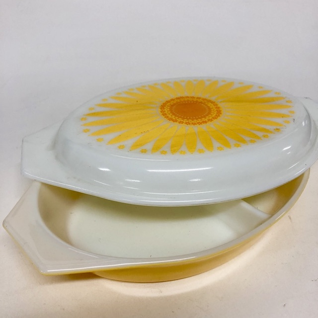 SERVING DISH, Yellow White Sunflower w Lid